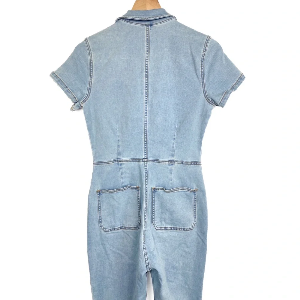 Free People Hearts Beat Fitted Flare Denim Coverall Jumpsuit in Sunbath Blue - S - Picture 8 of 10
